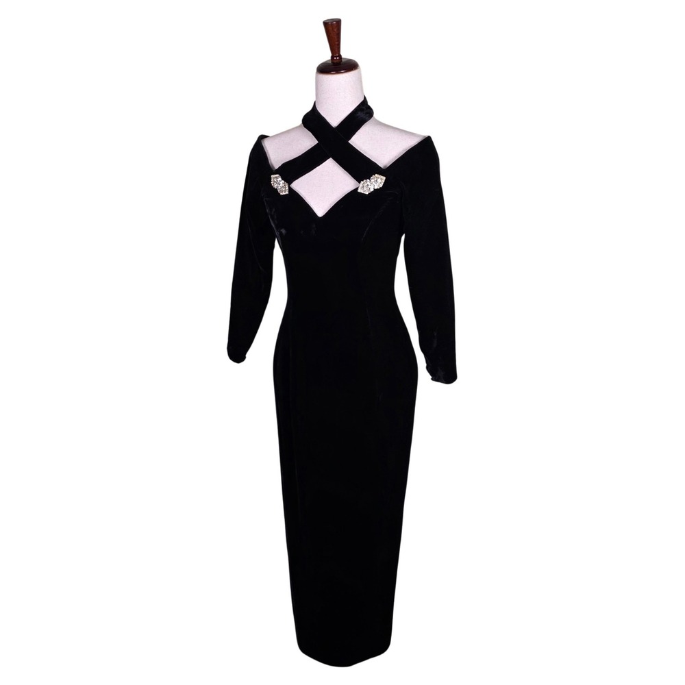 VTG 90s Velvet Evening Gown XS Pencil Sweetheart Neckline Whimsigoth Witchy